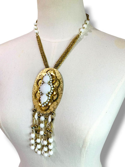 1980s Goldtone Statement Necklace White Beads 19" with 5.5" Drop Pendant