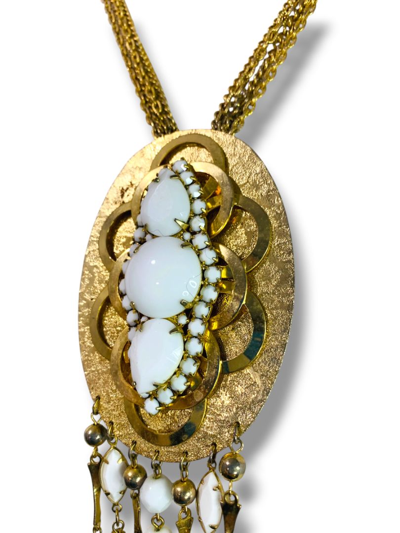 1980s Goldtone Statement Necklace White Beads 19" with 5.5" Drop Pendant