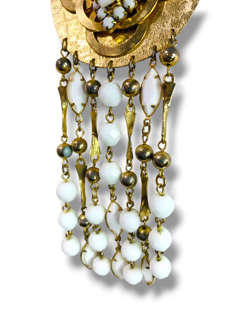 1980s Goldtone Statement Necklace White Beads 19" with 5.5" Drop Pendant