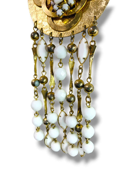 1980s Goldtone Statement Necklace White Beads 19" with 5.5" Drop Pendant