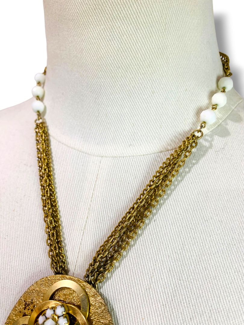 1980s Goldtone Statement Necklace White Beads 19" with 5.5" Drop Pendant
