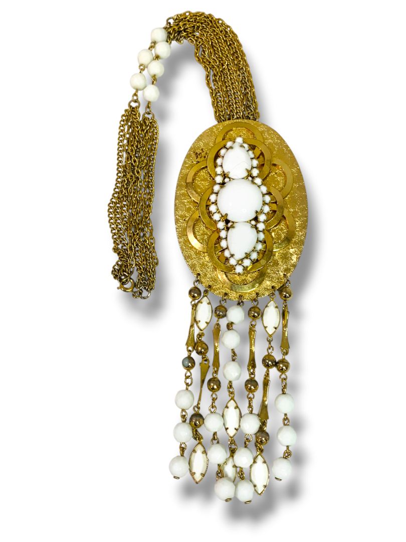 1980s Goldtone Statement Necklace White Beads 19" with 5.5" Drop Pendant