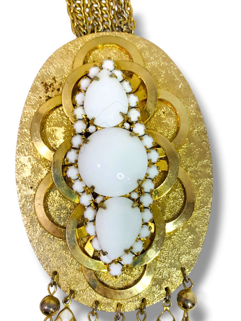 1980s Goldtone Statement Necklace White Beads 19" with 5.5" Drop Pendant