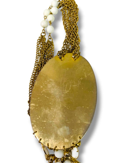 1980s Goldtone Statement Necklace White Beads 19" with 5.5" Drop Pendant