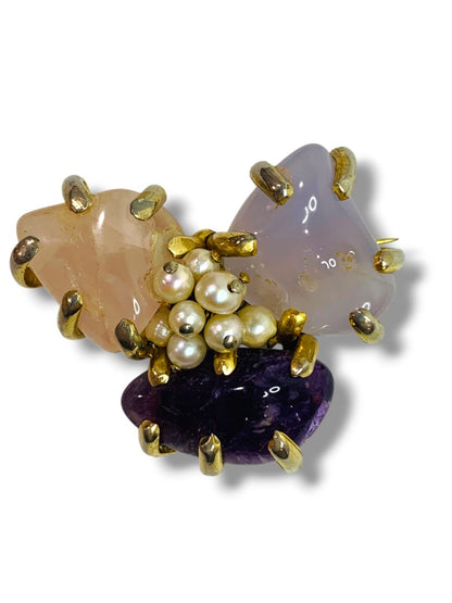 Polished Stone and Pearl Brooch Goldtone Setting 2"