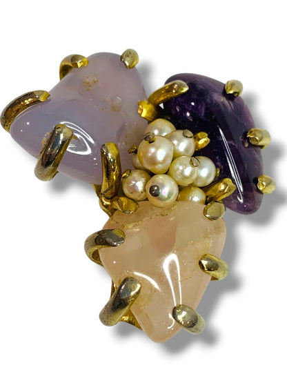 Polished Stone and Pearl Brooch Goldtone Setting 2"