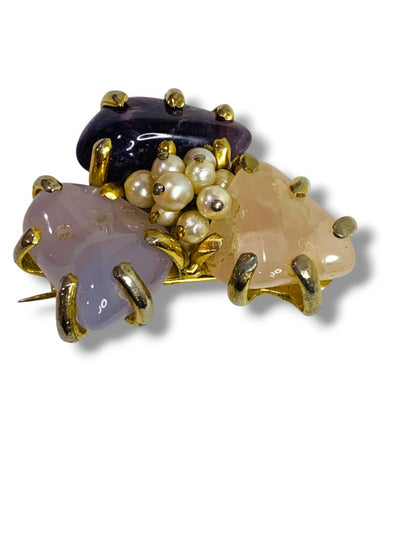 Polished Stone and Pearl Brooch Goldtone Setting 2"