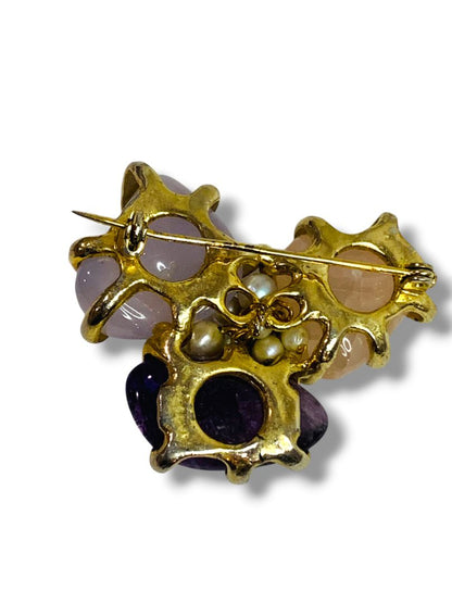 Polished Stone and Pearl Brooch Goldtone Setting 2"