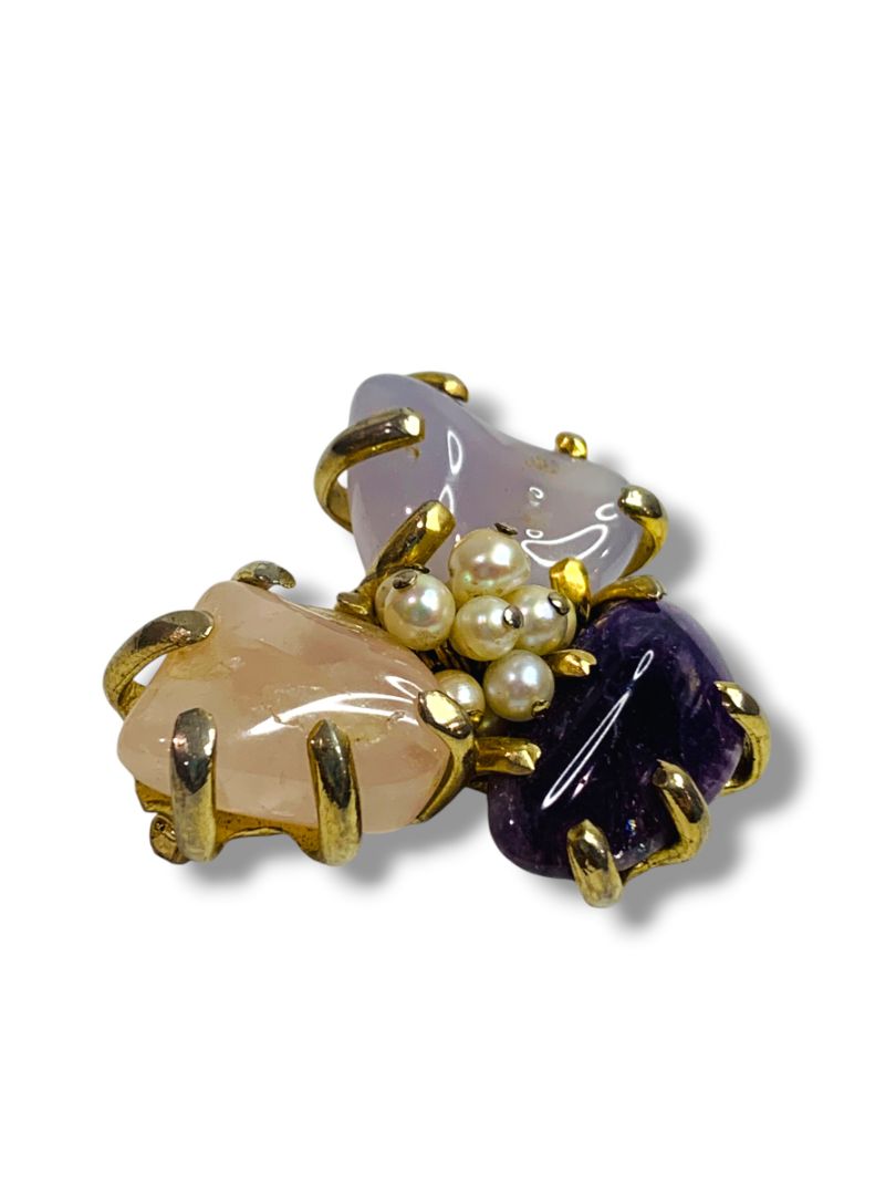 Polished Stone and Pearl Brooch Goldtone Setting 2"
