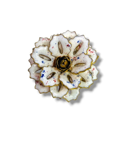 Vintage Enameled Flower Brooch White Speckled 1.5" Pin