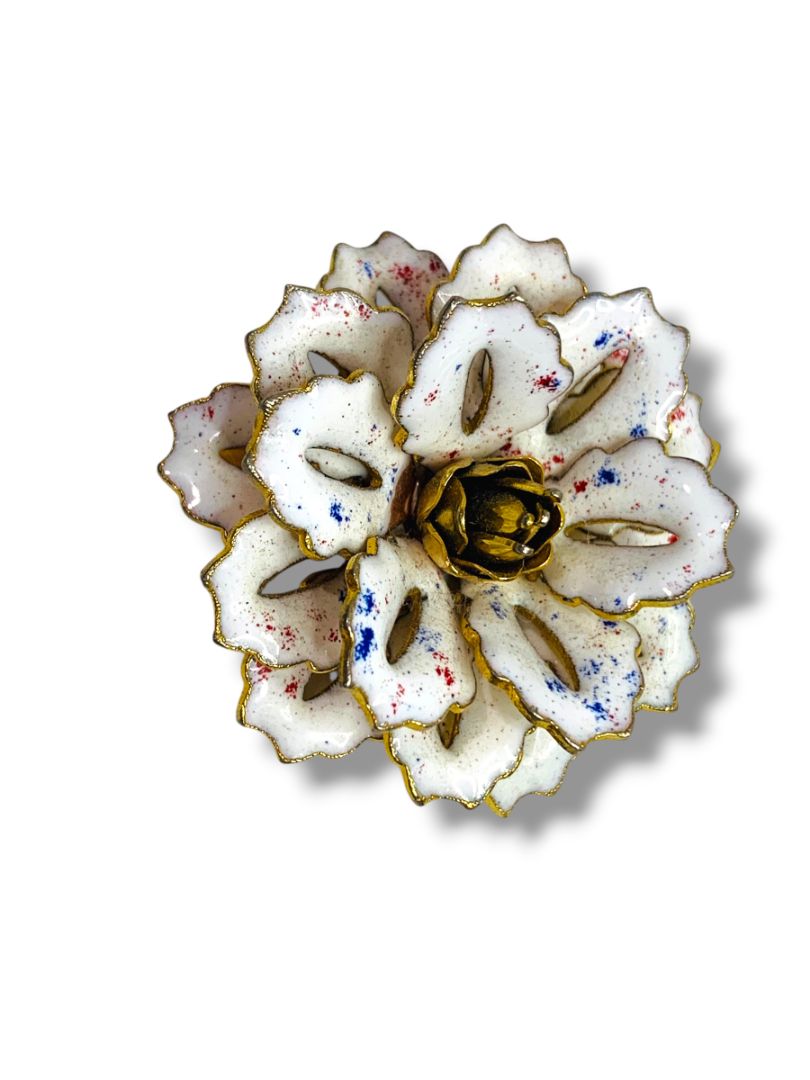 Vintage Enameled Flower Brooch White Speckled 1.5" Pin