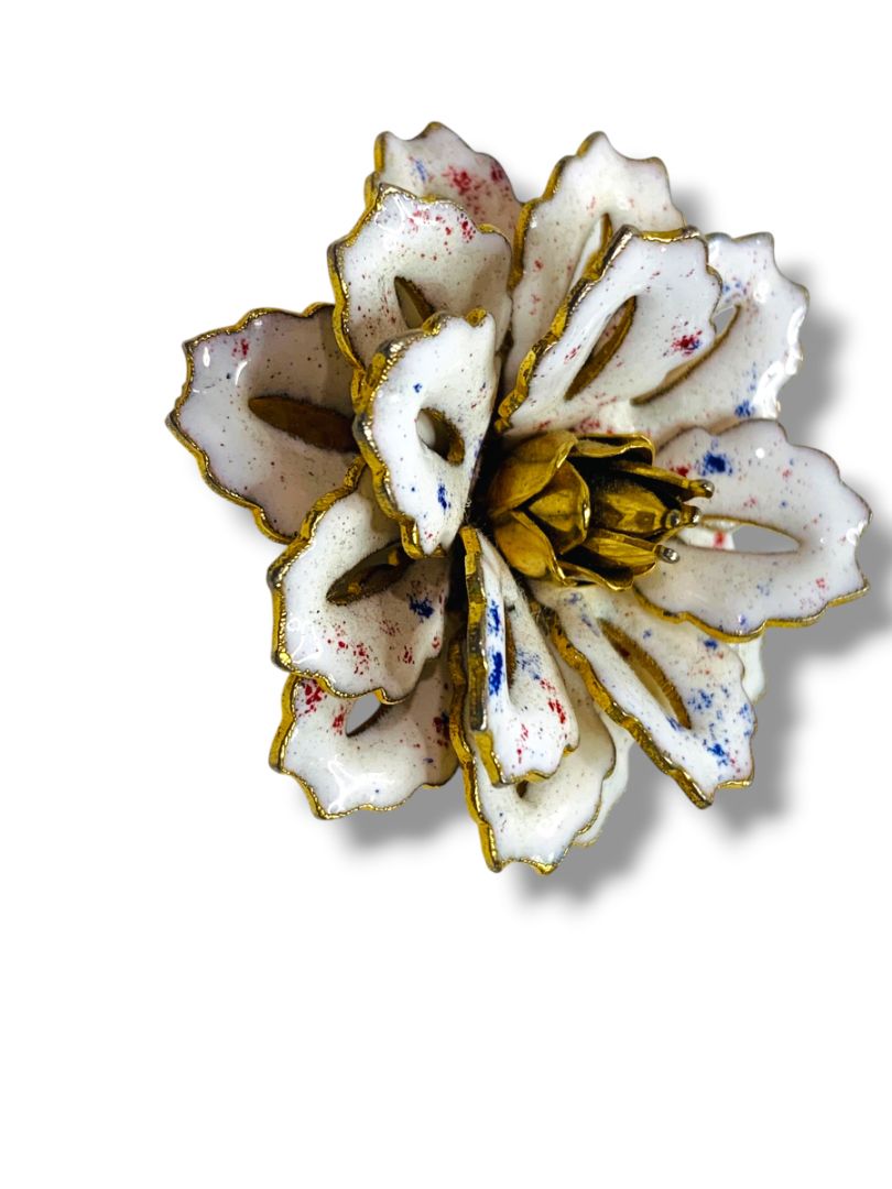 Vintage Enameled Flower Brooch White Speckled 1.5" Pin
