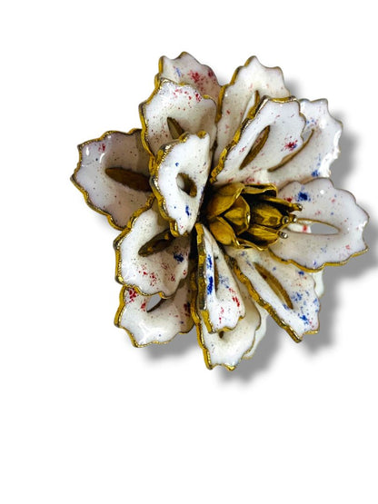 Vintage Enameled Flower Brooch White Speckled 1.5" Pin