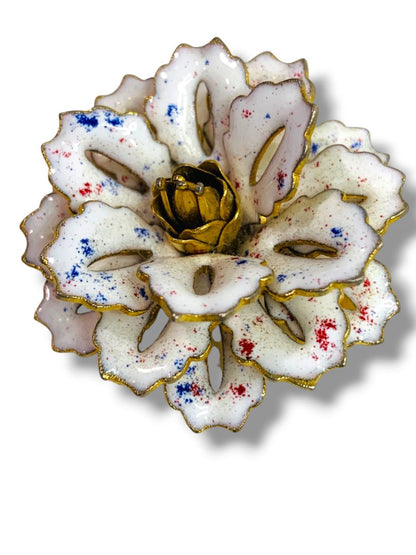Vintage Enameled Flower Brooch White Speckled 1.5" Pin