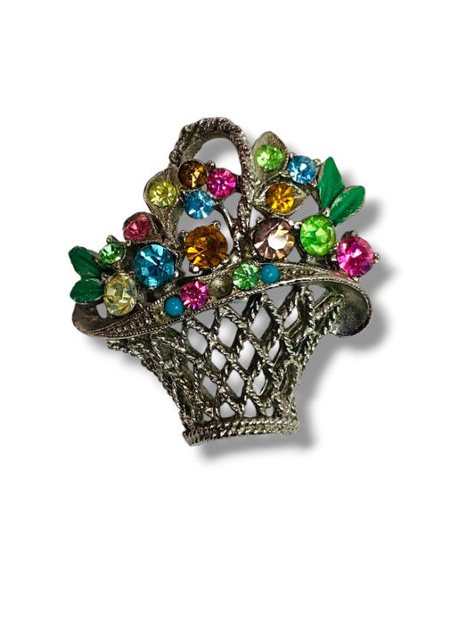 Vintage Easter Basket Pin Brooch Silvertone Multicolor Floral 1.5"