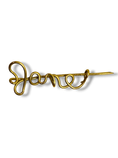 Set of 2 Vintage Script Name "Jane" Pins Brooch 1.25" Goldtone