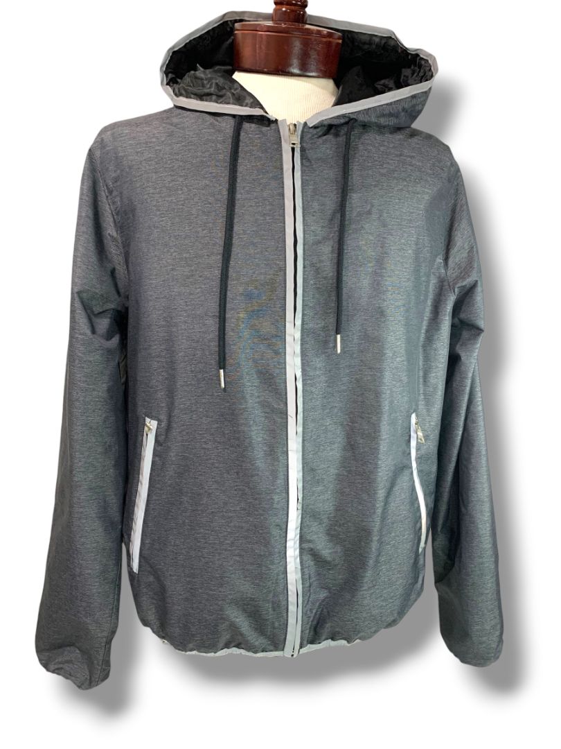 Large Forever 21 Men Gray Running Track Jacket Hooded Full Zip
