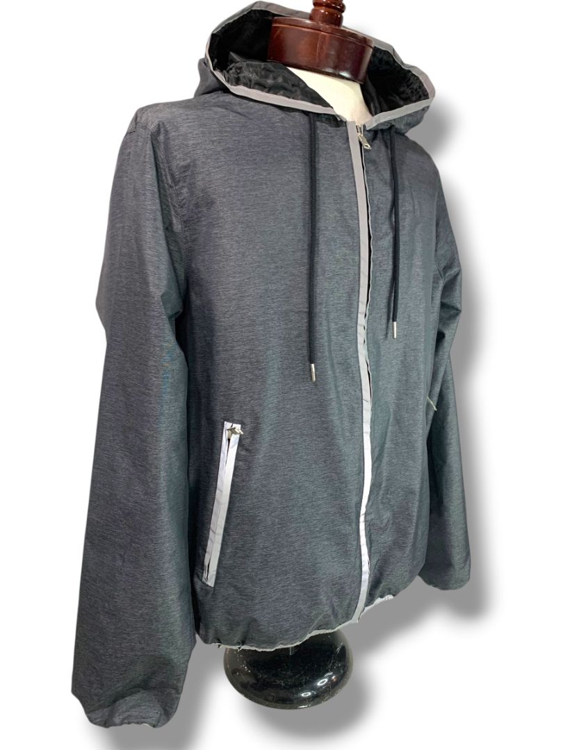 Large Forever 21 Men Gray Running Track Jacket Hooded Full Zip