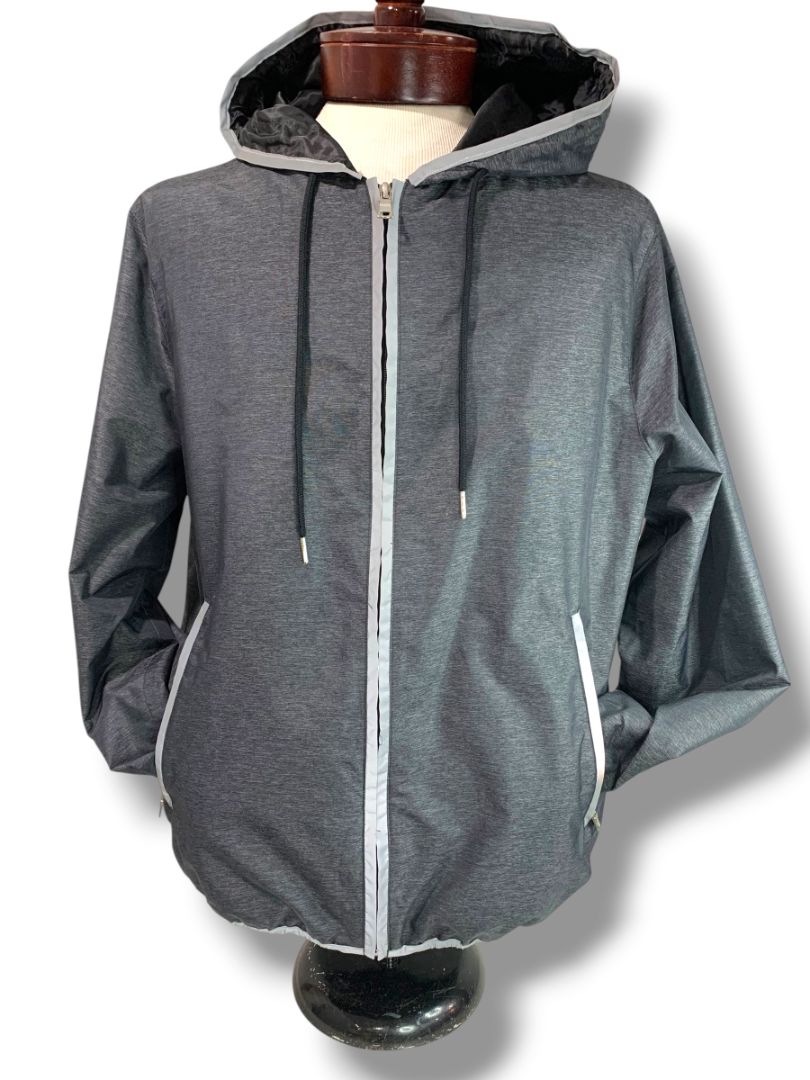Large Forever 21 Men Gray Running Track Jacket Hooded Full Zip