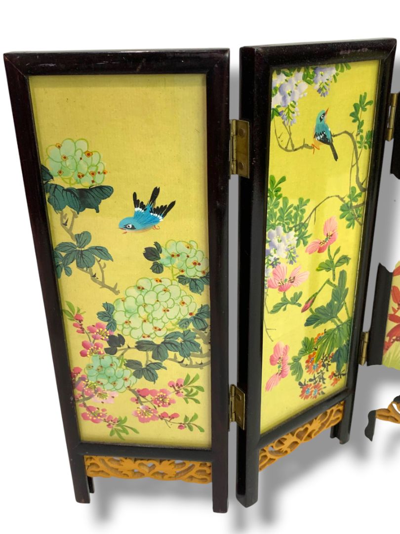 Tabletop Asian Folding Screen Double Sided Wooden 8.5" x 12.5" 4 Panel