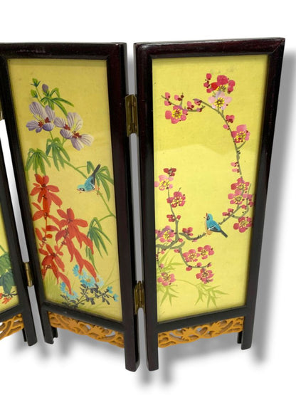 Tabletop Asian Folding Screen Double Sided Wooden 8.5" x 12.5" 4 Panel