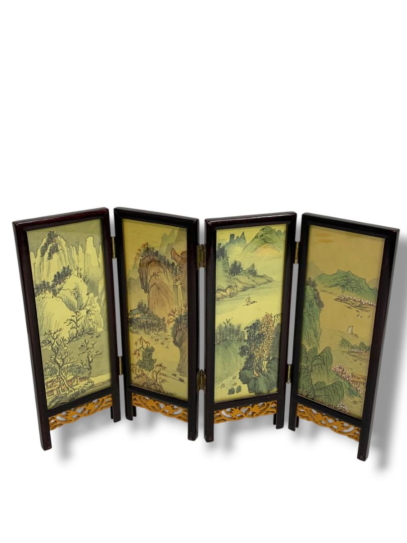 Tabletop Asian Folding Screen Double Sided Wooden 8.5" x 12.5" 4 Panel