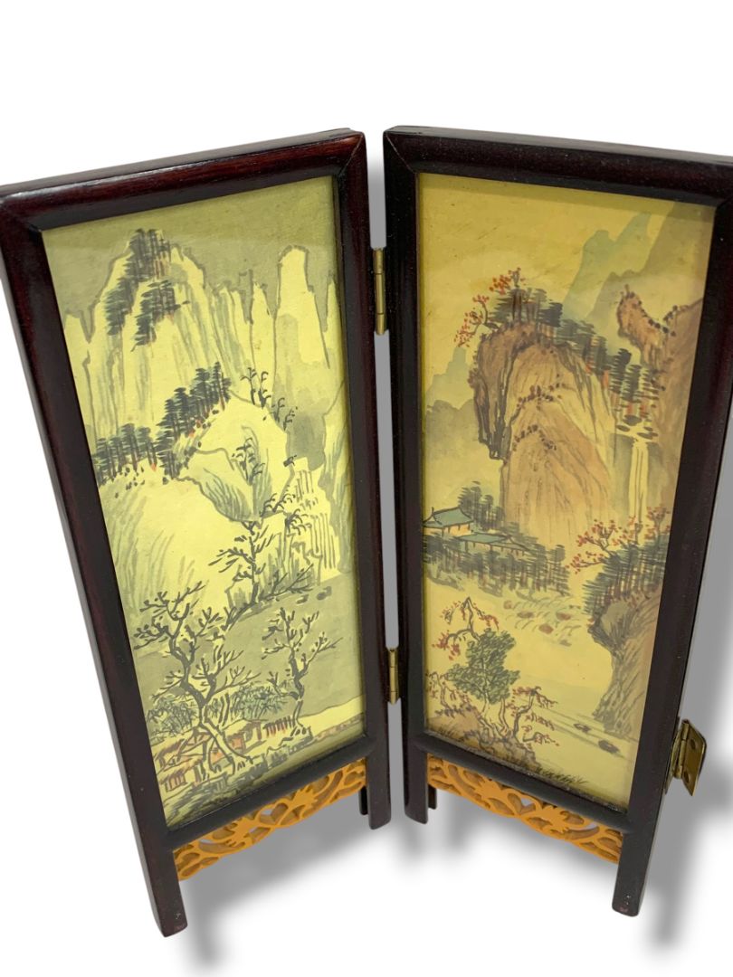 Tabletop Asian Folding Screen Double Sided Wooden 8.5" x 12.5" 4 Panel