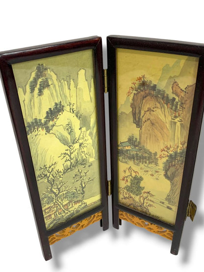 Tabletop Asian Folding Screen Double Sided Wooden 8.5" x 12.5" 4 Panel