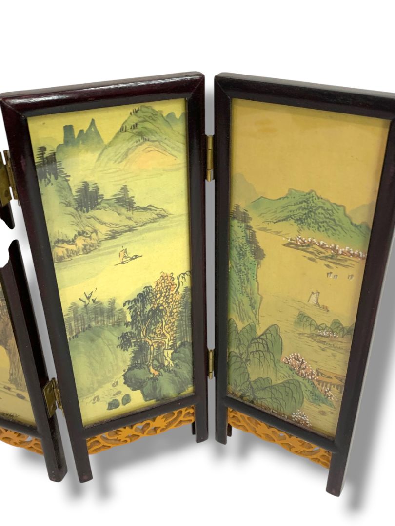 Tabletop Asian Folding Screen Double Sided Wooden 8.5" x 12.5" 4 Panel