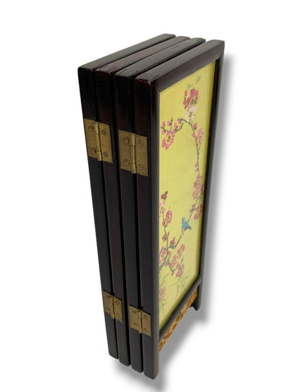 Tabletop Asian Folding Screen Double Sided Wooden 8.5" x 12.5" 4 Panel