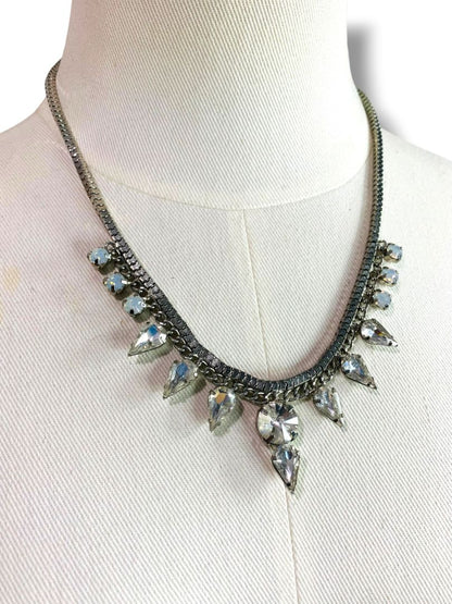 Silvertone Box Chain and Rhinestone Necklace Formal Statement 18"-20"