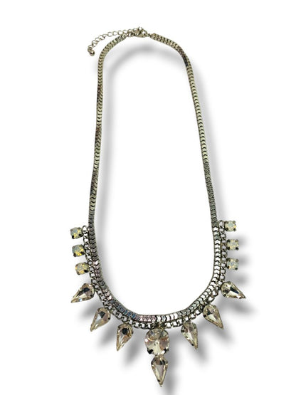 Silvertone Box Chain and Rhinestone Necklace Formal Statement 18"-20"