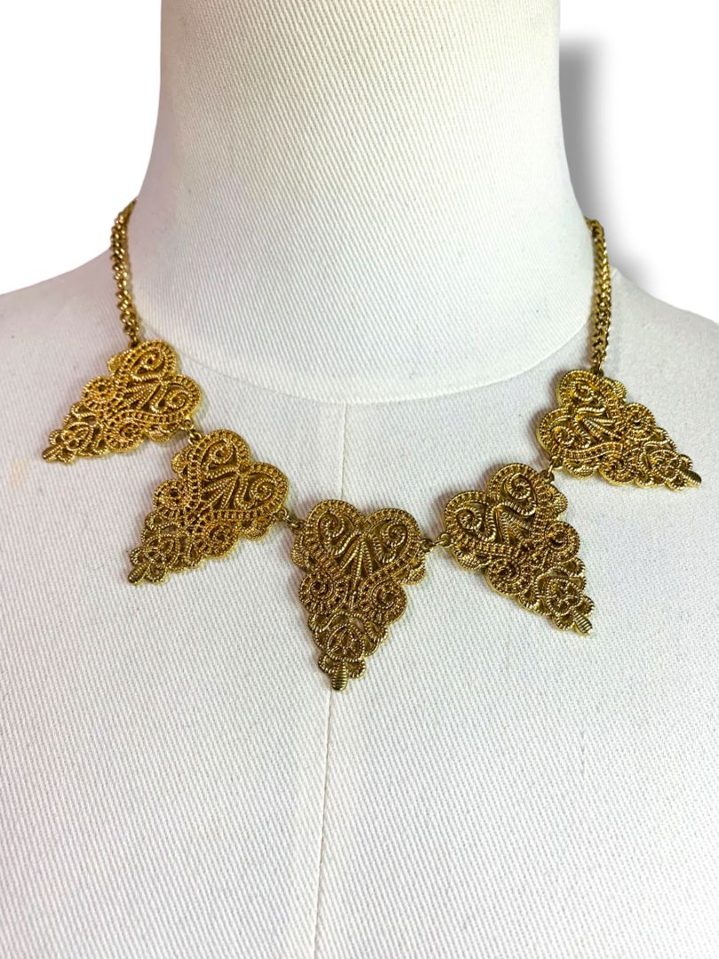 Charming Charlie Goldtone Statement Necklace 18-20"Filigree Design Points