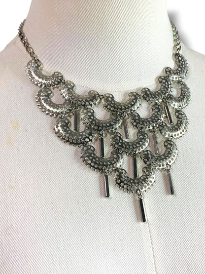 Silvertone Bib Statement Necklace Hook Closure 17" with 3" Drop