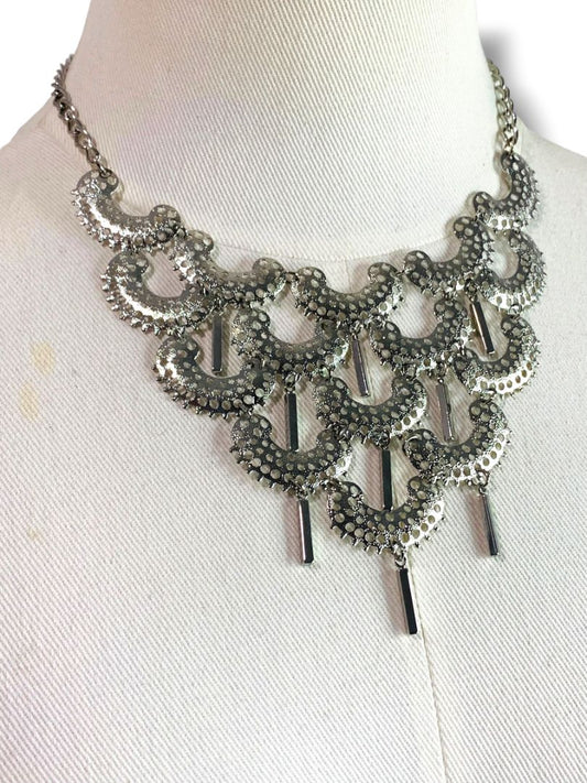 Silvertone Bib Statement Necklace Hook Closure 17" with 3" Drop