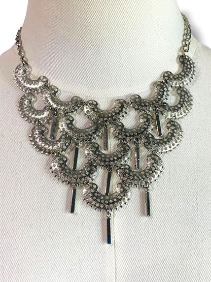Silvertone Bib Statement Necklace Hook Closure 17" with 3" Drop