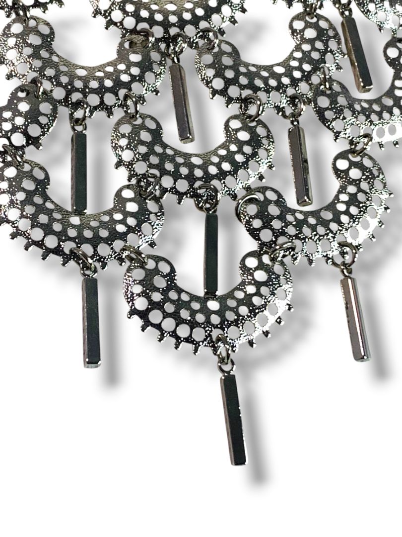 Silvertone Bib Statement Necklace Hook Closure 17" with 3" Drop
