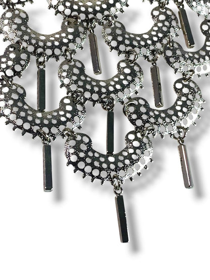 Silvertone Bib Statement Necklace Hook Closure 17" with 3" Drop
