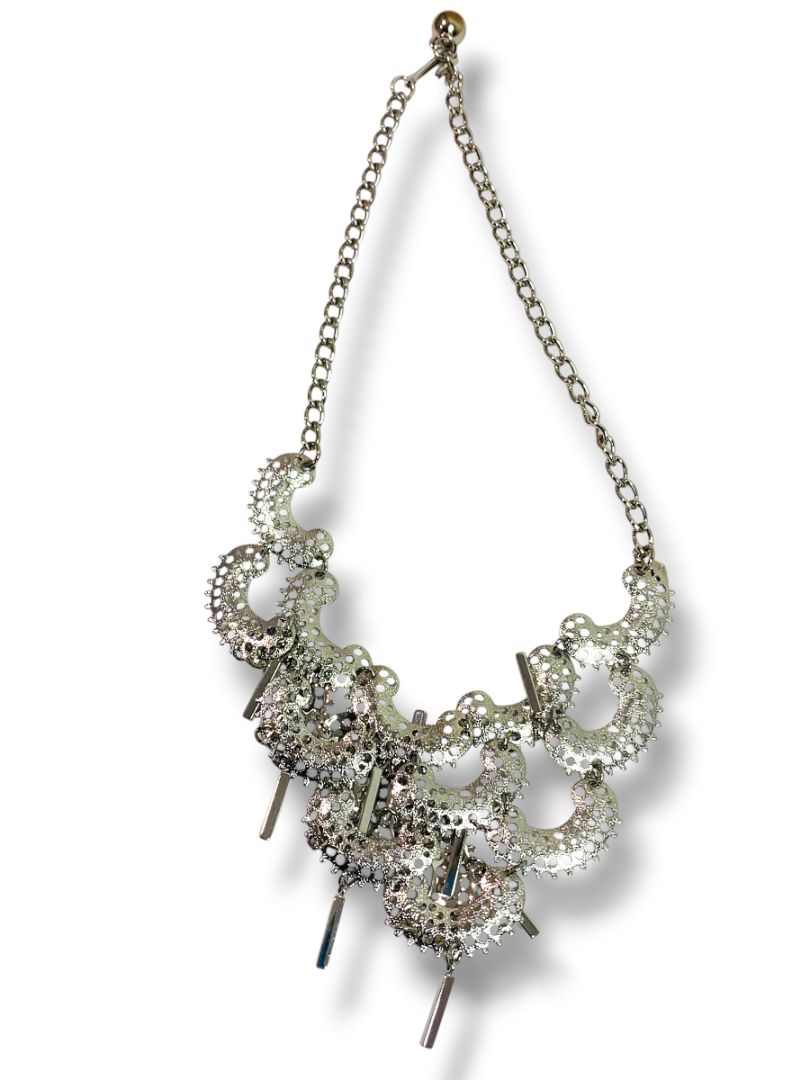 Silvertone Bib Statement Necklace Hook Closure 17" with 3" Drop