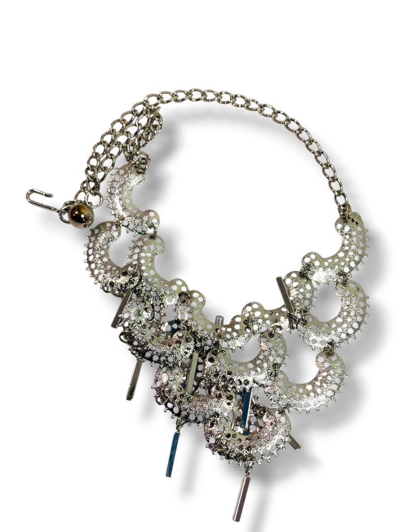 Silvertone Bib Statement Necklace Hook Closure 17" with 3" Drop