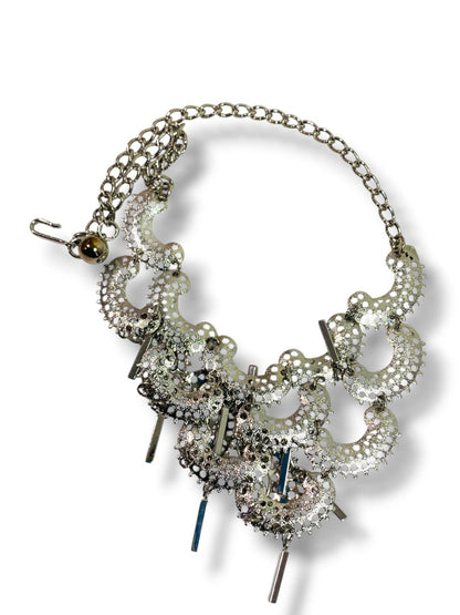 Silvertone Bib Statement Necklace Hook Closure 17" with 3" Drop