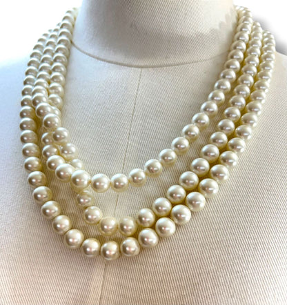 Vintage Faux Pearl 23" Necklace Triple Strand 10mm