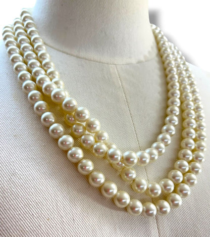 Vintage Faux Pearl 23" Necklace Triple Strand 10mm