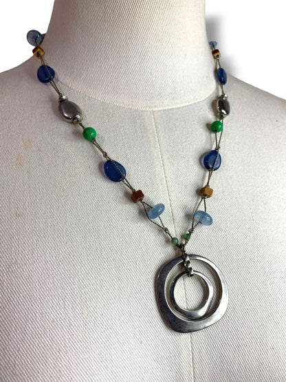 New York & Co Silvertone Pendant Necklace Beaded Blue Chain 20-23"