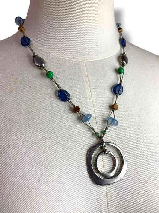 New York & Co Silvertone Pendant Necklace Beaded Blue Chain 20-23"