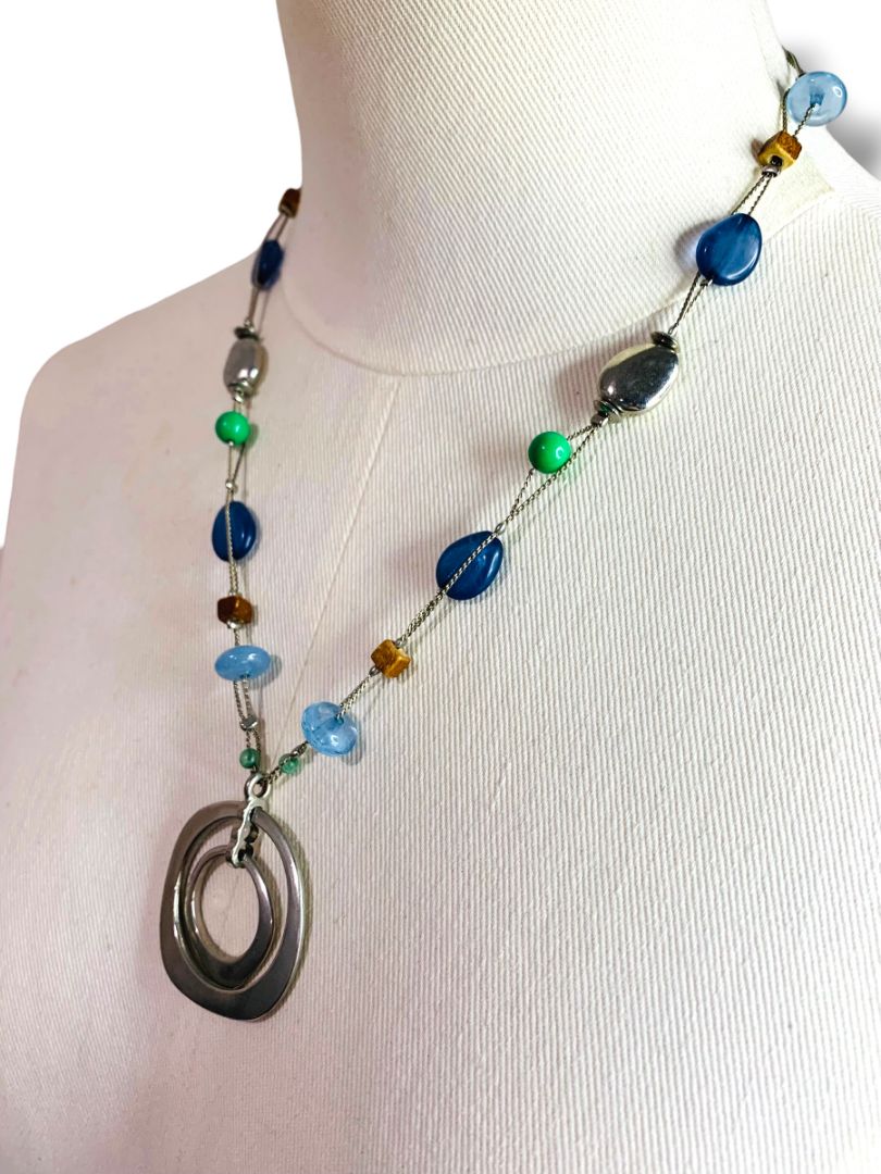 New York & Co Silvertone Pendant Necklace Beaded Blue Chain 20-23"
