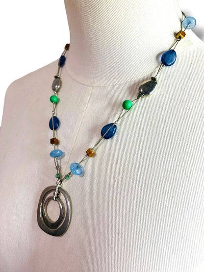New York & Co Silvertone Pendant Necklace Beaded Blue Chain 20-23"
