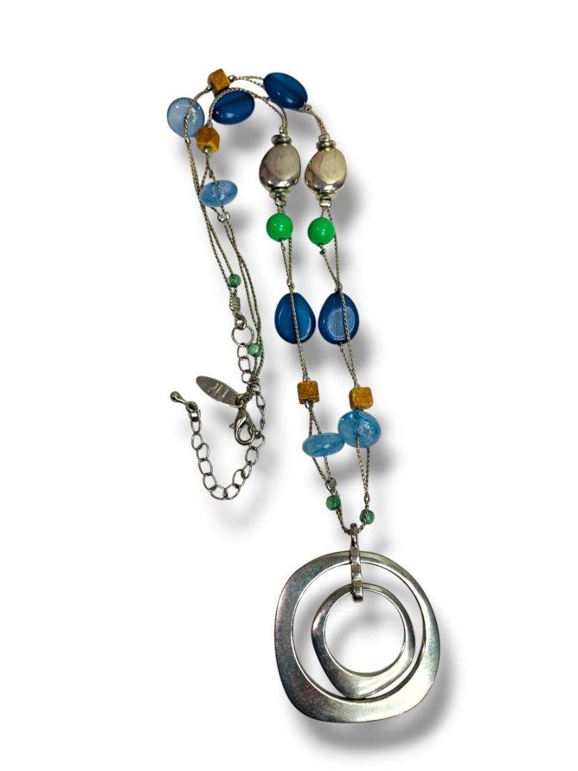 New York & Co Silvertone Pendant Necklace Beaded Blue Chain 20-23"