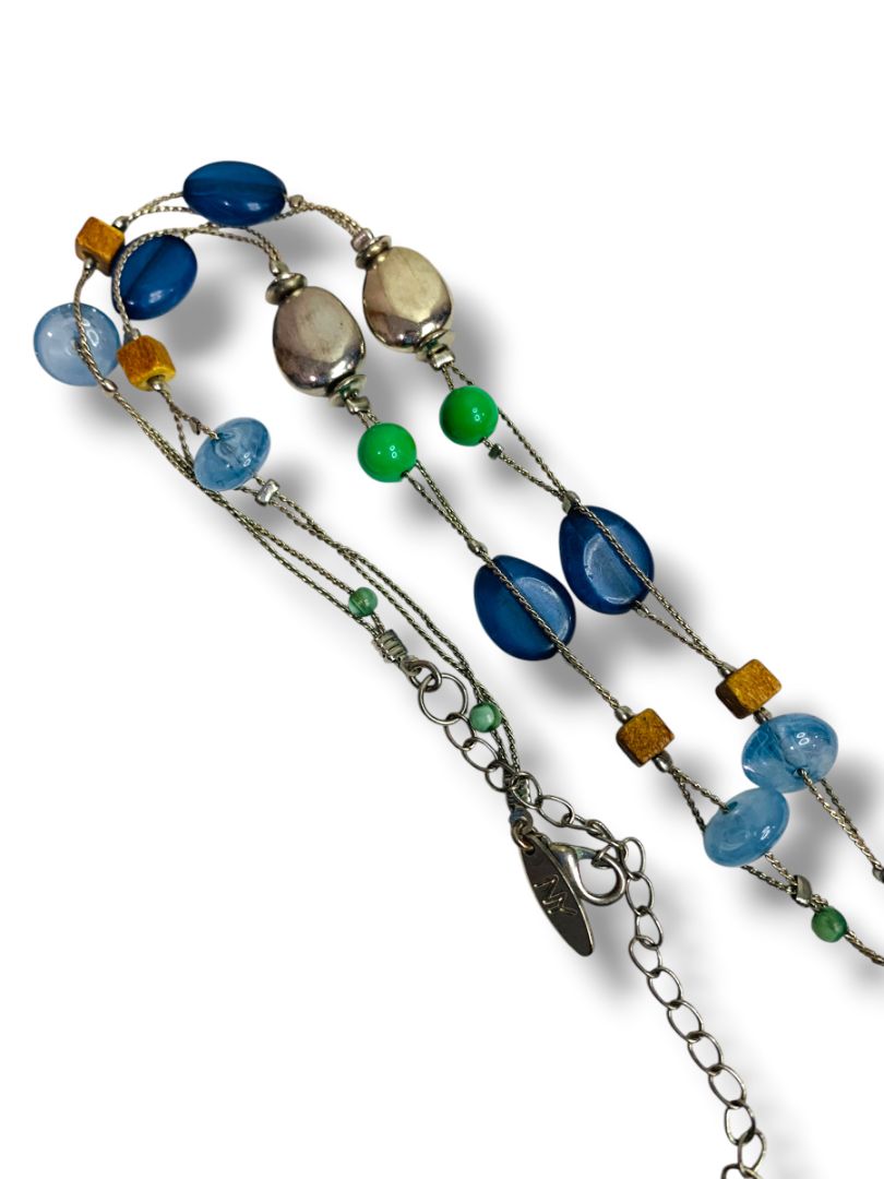 New York & Co Silvertone Pendant Necklace Beaded Blue Chain 20-23"
