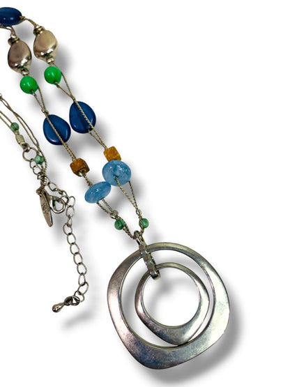 New York & Co Silvertone Pendant Necklace Beaded Blue Chain 20-23"
